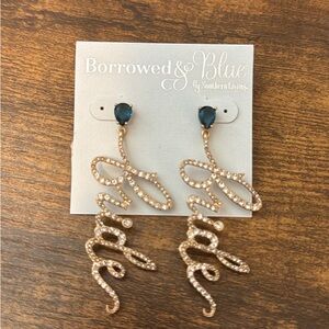 Bride Gold-Tone Teardrop Blue Crystal Script Drop Earrings